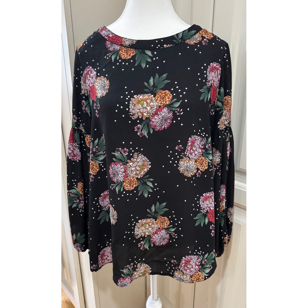 Philosophy Republic Clothing Black Floral Print Long Sleeve Blouse Top Size M